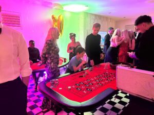 a group of people around a roulette table during birthday party